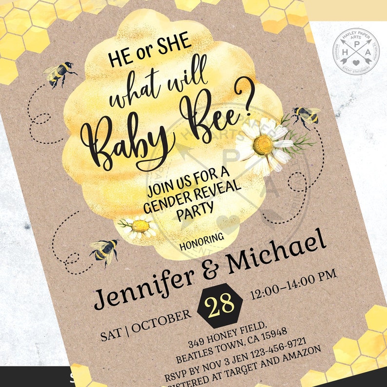 BUNDLE What will baby bee gender reveal shower party invitation little honey bumble bee yellow invite raffle. Editable template. 049HPA 15 image 7