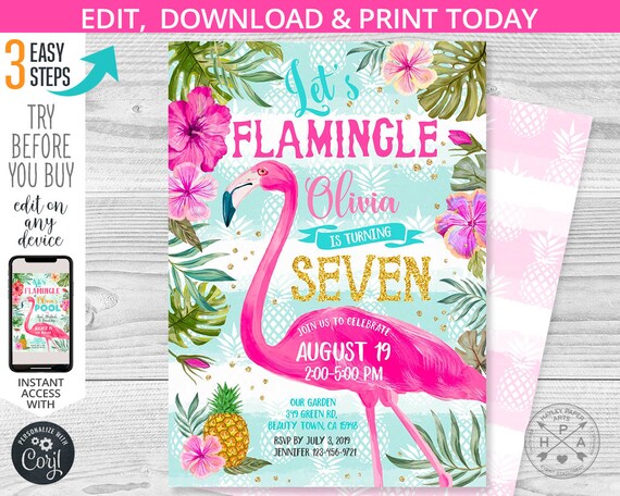 Let's flamingle any age birthday invitation flamingo tropical pineapple invite fiesta aloha party. Instant editable template. 044HPA 05 Il_570xn