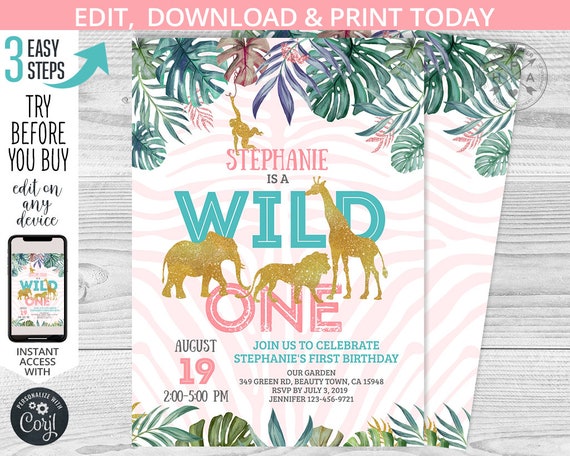 Jungle Wild One gold birthday invitation safari pink mint girl first 1st party animals elephant lion. Printable editable template. 041HPA 01 Il_570xn