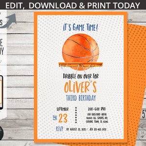 Invitation d'anniversaire de basket-ball toutes les étoiles, fête des garçons, invitation à une fête d'activités avec des jeux de ballon de sport. Modèle de carte modifiable. 219HPA 01