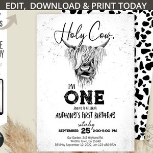Pu&ograve; includere: Un invito di compleanno stampabile in bianco e nero con una mucca delle Highlands con il testo "Holy Cow, I'm One" e le parole "Anthony's First Birthday" in grassetto, in nero. L'invito include la data e l'ora della festa, l'indirizzo e le informazioni RSVP.