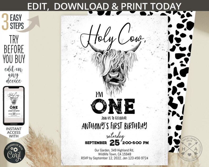 Pu&ograve; includere: Un invito di compleanno stampabile in bianco e nero con una mucca delle Highlands con il testo "Holy Cow, I'm One" e le parole "Anthony's First Birthday" in grassetto, in nero. L'invito include la data e l'ora della festa, l'indirizzo e le informazioni RSVP.