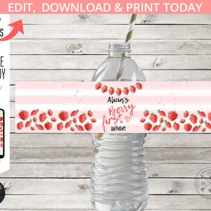 Strawberries water bottle label birthday berry first girl ONE party summer fruit farm drink labels. Editable printables. 223HPA 12 E