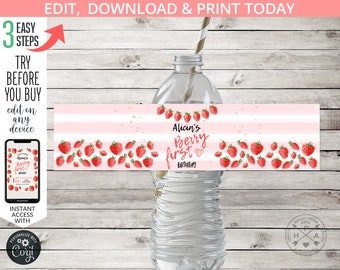 Strawberries water bottle label birthday berry first girl ONE party summer fruit farm drink labels. Editable printables. 223HPA 12 E