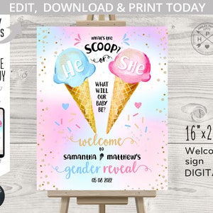 EDITABLE Ice cream what&#39;s the scoop he or she welcome sign gender reveal shower 16x20. Blue pink. Editable template. 163HPA 16