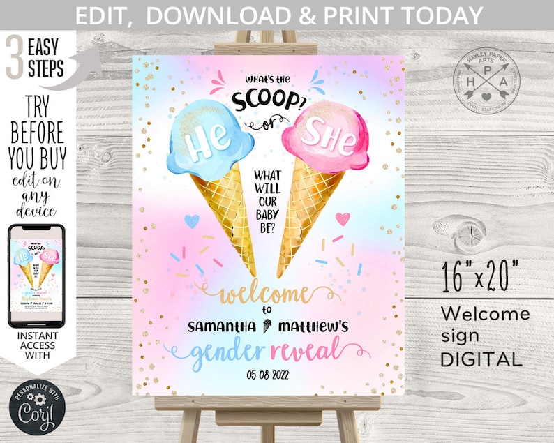 May include: A gender reveal sign with a pink and blue ice cream cone design. The sign says "What's the scoop?" and "Welcome to Samantha & Matthew's Gender Reveal 05 08 2022".