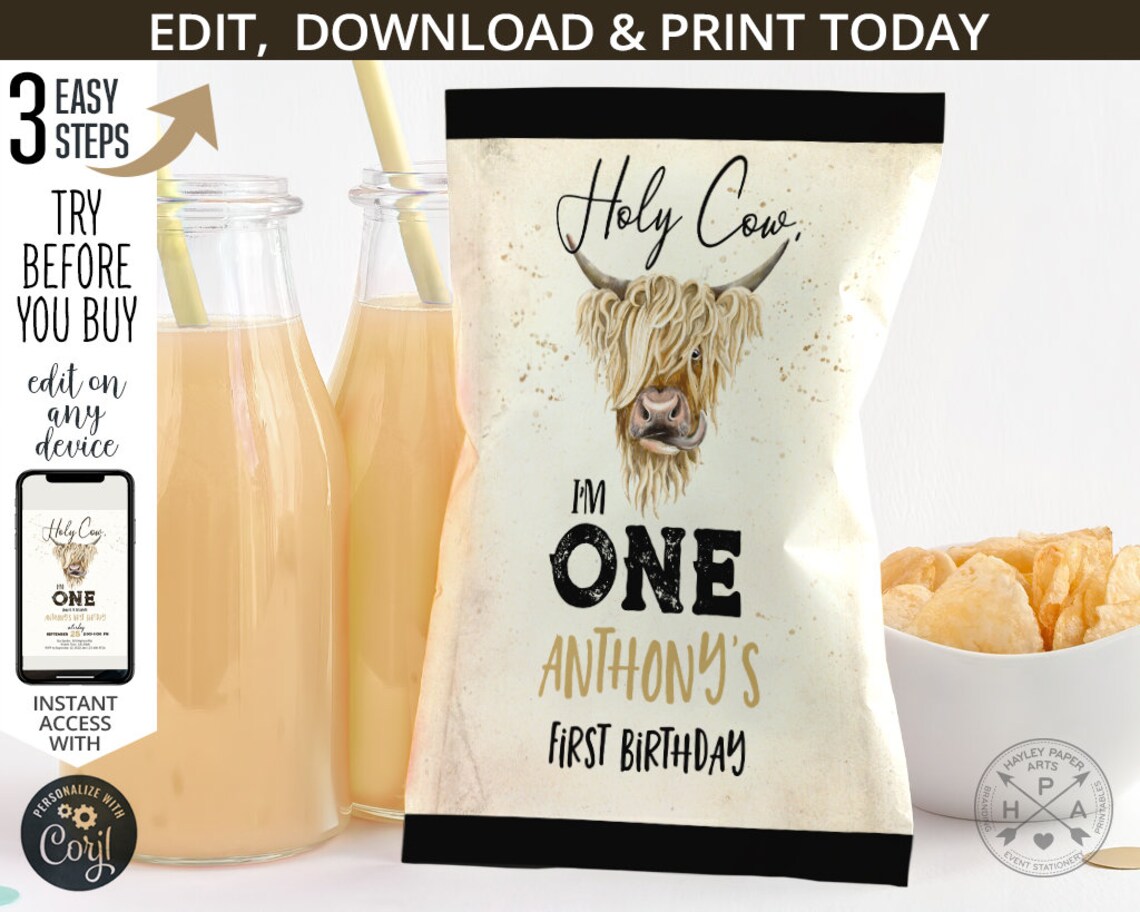 Holy Cow I'm ONE Chips Bag, Highland Cow Favor Bags, Pouch Wrapper ...