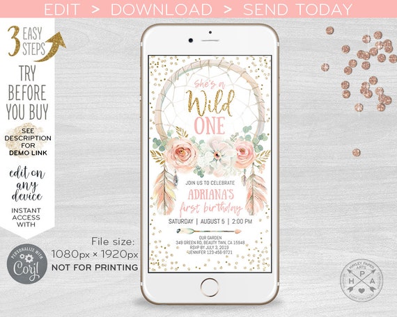 Wild One dreamcatcher electronic invitation blush pink first birthday smartphone e-vite, digital invite. Selfediting. 400HPA E122 04 122HPA Il_570xn