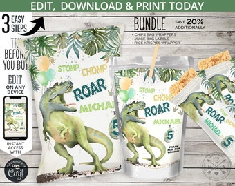 BUNDLE Dinosaur chips bag, juice bags, rice krispies wrapper, dino T-Rex pack any age party pack boy birthday. Editable printables 139HPA 42