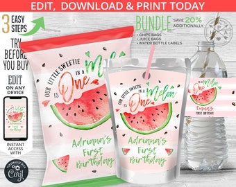 BUNDLE One in a melon chips bag, juice bags, melon water bottle labels, snacks treat chips pouch first birthday. Editable template 051HPA 21