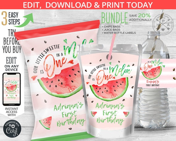 BUNDLE One in a melon chips bag, juice bags, melon water bottle labels, snacks treat chips pouch first birthday. Editable template 051HPA 21 Il_570xn