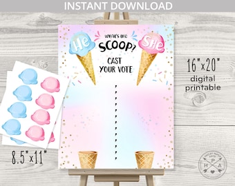 Ice cream gender reveal baby shower what's the scoop he or she cast your vote party voting sign 16x20 boy girl. NOT EDITABLE. 163HPA 09 A