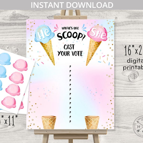 Ice cream gender reveal baby shower what's the scoop he or she cast your vote party voting sign 16x20 boy girl. NOT EDITABLE. 163HPA 09 A