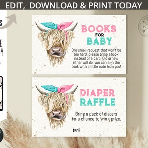 Heilige koe geslacht onthullen baby shower luier loterijboek verzoekkaarten. Kaartinzetstukken roze blauwgroen boerderij. Zelf BEWERKBARE printables. 210 PK 15 AB