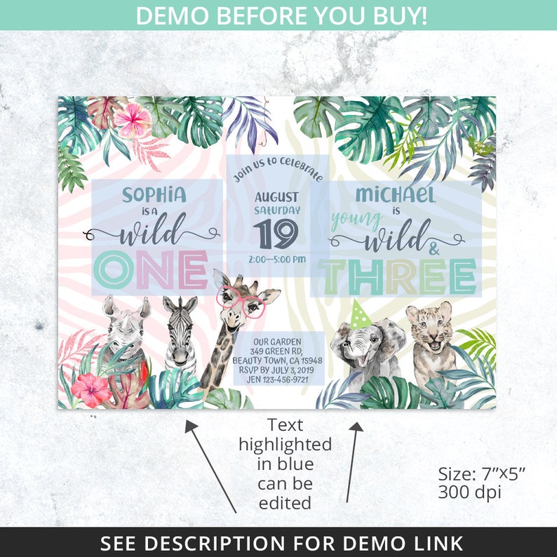 May include: A printable invitation for a child's birthday party. The invitation features a jungle theme with a zebra, giraffe, rhino, elephant, and tiger. The text on the invitation says "Sophia is a wild one" and "Michael is young wild & three". The invitation is 7 inches by 5 inches and 300 dpi.