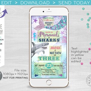 May include: A digital invitation for a mermaid and shark themed birthday party. The invitation features a blue, green, and purple background with a mermaid and shark illustration. The text on the invitation reads "Calling all Mermaids & Sharks Amanda & Matthew are Three Sat August 23 400-600 PM Please join us under the sea 349 Ocean Rd, River Town, CA 15948 Do not forget your towel".
