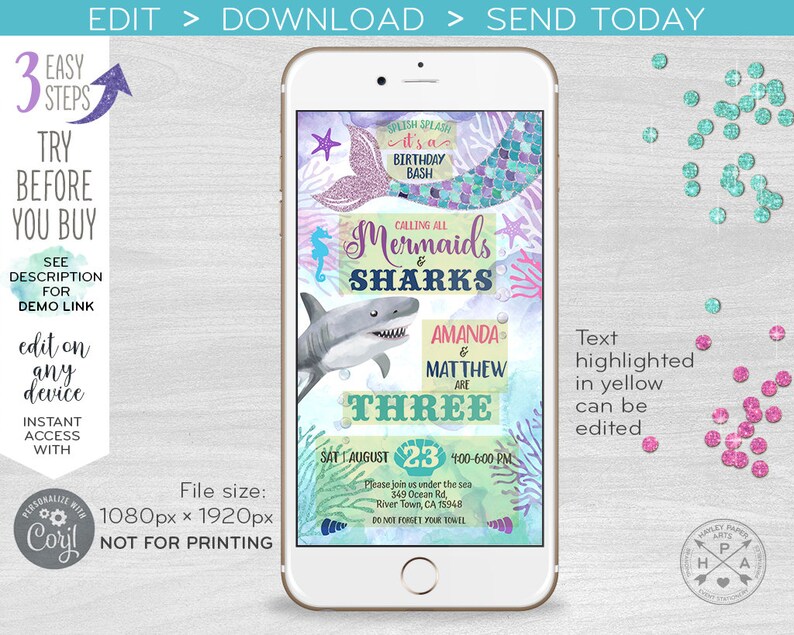 May include: A digital invitation for a mermaid and shark themed birthday party. The invitation features a blue, green, and purple background with a mermaid and shark illustration. The text on the invitation reads "Calling all Mermaids & Sharks Amanda & Matthew are Three Sat August 23 400-600 PM Please join us under the sea 349 Ocean Rd, River Town, CA 15948 Do not forget your towel".