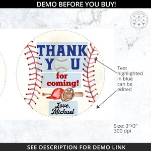 May include: A round baseball-themed thank you tag with red stitching around the edge. The text reads "THANK YOU for coming! Love, Michael". The text "THANK YOU" is in blue. The tag is 3 inches by 3 inches and 300 dpi.