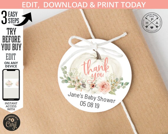 EDITABLE Little pumpkin favor thank you round tag pastel shower label sticker. Instant access to the template. Customized by you. 002HPA 02 Il_570xn