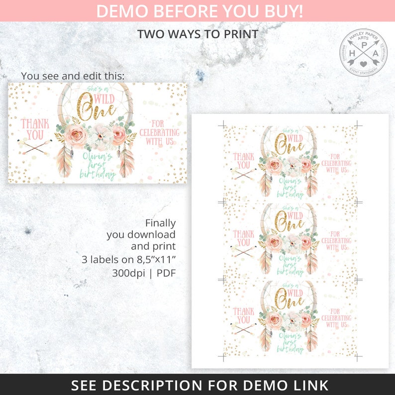 EDITABLE Dreamcatcher wild one first birthday gable gift box labels. Pink pastel handle favor takeway box tags Editable template 122HPA 26 C image 4
