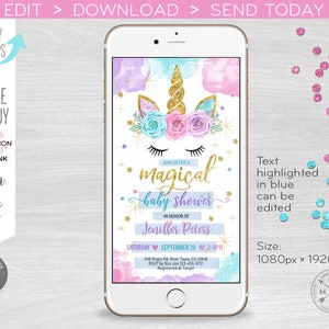 Unicorn baby shower invitation evite magical electronic, smartphone e-vite, message digital invite. Selfediting template. E056 A 056HPA image 2