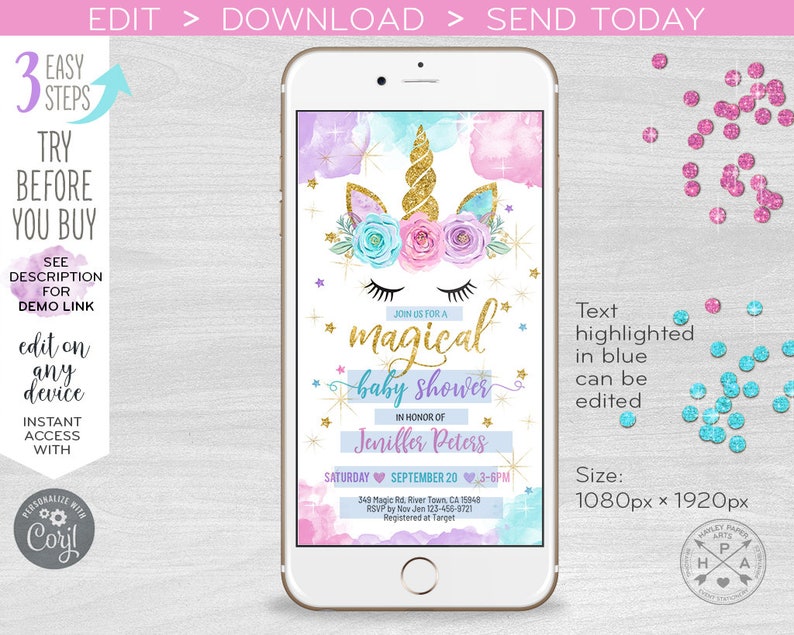 Unicorn baby shower invitation evite magical electronic, smartphone e-vite, message digital invite. Selfediting template. E056 A 056HPA image 2