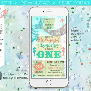 K&ouml;nnte beinhalten: Eine digitale Einladung zu einer Meerjungfrauen-Mottoparty zum ersten Geburtstag. Die Einladung zeigt eine Meerjungfrau mit rosa und gr&uuml;nen Schuppen, ein Seepferdchen und den Text "Splish Splash es ist eine Geburtstagsfeier, Unsere kleine Meerjungfrau Isabella wird eins".