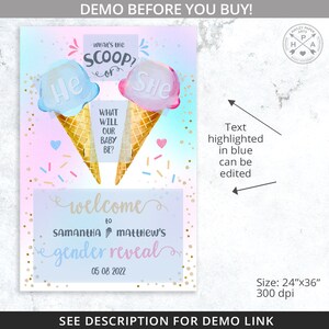 May include: A gender reveal party invitation featuring a pink and blue ice cream cone design. The text reads "What's the scoop? He or She? What will our baby be?" and "Welcome to Samantha & Matthew's gender reveal 05 08 2022".