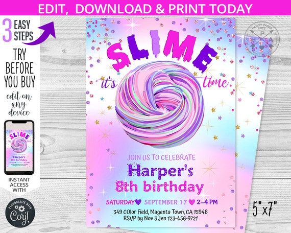 Slime party invitation birthday slime making purple pink sparkle glitter 5x7 invite invitations. Instant. Editable template. 048HPA 02 Il_570xn