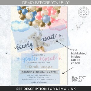 Bear gender reveal shower invitation, bearly wait hot air balloon blue pink flying vintage teddy bear balloons invite. Editable. 195HPA 03 image 3