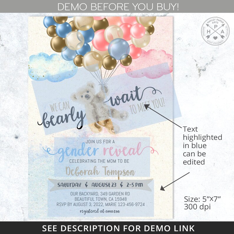 Bear gender reveal shower invitation, bearly wait hot air balloon blue pink flying vintage teddy bear balloons invite. Editable. 195HPA 03 image 3