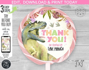 Dinosaur lollipop label third 3rd dino birthday three rex girl T-Rex dino-mite circle candy sticker tag 3x3 Editable printables. 137HPA 54 A