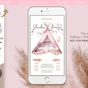 May include: A pink and white printable invitation for a slumber party with a teepee, stars, and a teddy bear. The invitation says "Join us for a Slumber Party!" and "Amelia is turning 8".