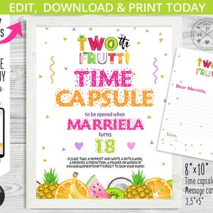 Twotti frutti Time Capsule bebé niña segundo cumpleaños tutti fiesta afrutada tarjeta de mensaje de signo. Imprimibles editables. 028HPA 08