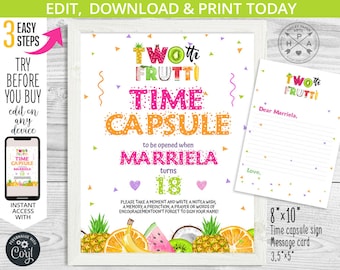 Twotti frutti Time Capsule baby girl second birthday tutti fruity party sign message card. Editable printables. 028HPA 08