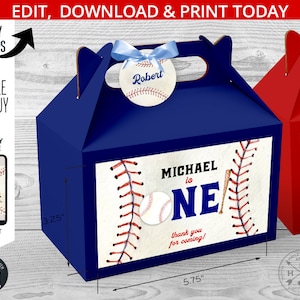 Baseball gable gift box labels. Handle favor takeway box stickers Sports rookie one first birthday party favors. Editable label. 191HPA 38 G