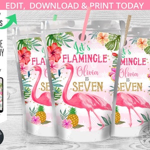 Flamingo juice bag label, capri juice bags, let&#39;s flamingle juice pouch, tropical pineapple, birthday party editable template 044HPA 18 A