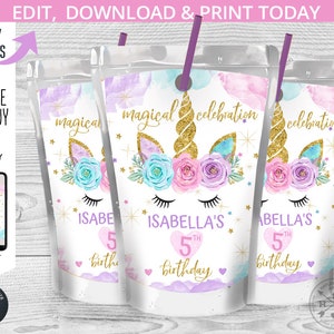 Etikett för magisk juicepåse för enhörning, etiketter för juicepåse, juicepåse för enhörning, lila rosa, redigerbar mall för födelsedagsfest i alla åldrar. 046HPA 31