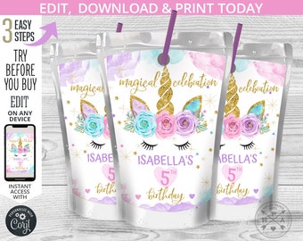 Unicorn magical juice bag label, juice bag labels, unicorn juice pouch, purple pink, any age birthday party editable template. 046HPA 31
