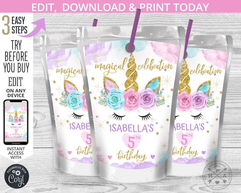 May include: Three printable juice box labels featuring a unicorn with a gold horn, pink and purple flowers, and the text "magical celebration". The labels also include the text "Isabella's 5th birthday".