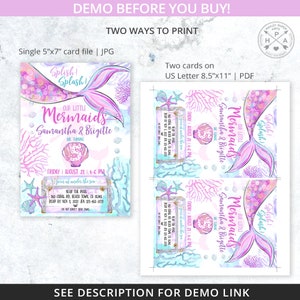 May include: A mermaid-themed invitation for a birthday party. The invitation features a pink and purple mermaid tail with a crown and a seashell with the number 5. The text on the invitation reads "Our Little Mermaids Samantha & Brigitte are turning 5. Friday, August 23, 1-4 PM. Join us under the sea. Near the pool, 313 Coral Rd, Beach Town, CA 15345. RSVP by Nov 3, 2022. Jen 123-456-3721. Do not forget your towel!"