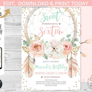 May include: A white invitation with gold glitter and a pink and green floral design. The text reads "Sweet Sixteen" and includes details for a birthday party.