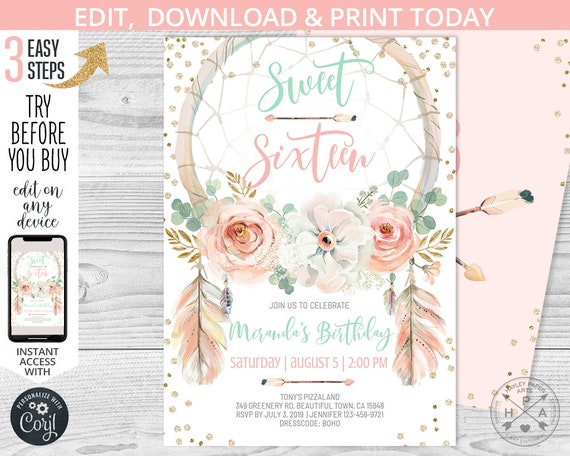 EDITABLE Sweet sixteen boho birthday dreamcatcher invitation. Any age boho party coachella invite. Instant access to the template. 035HPA 10 Il_570xn