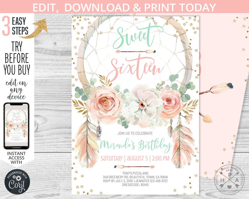 May include: A white invitation with gold glitter and a pink and green floral design. The text reads "Sweet Sixteen" and includes details for a birthday party.