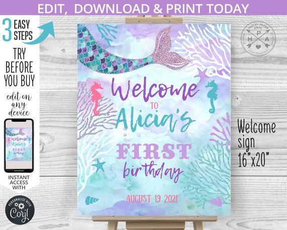 EDITABLE Mermaid welcome sign any age birthday board. Under the sea party poster purple lilac aqua chalkboard editable template. 060HPA 15 B Il_570xn