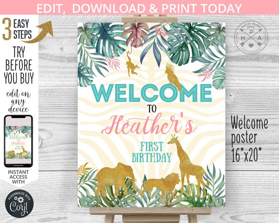 EDITABLE Jungle welcome poster sign 1st party first third birthday. Safari animals girl wild one elephant sign editable template 041HPA 16 C Il_570xn
