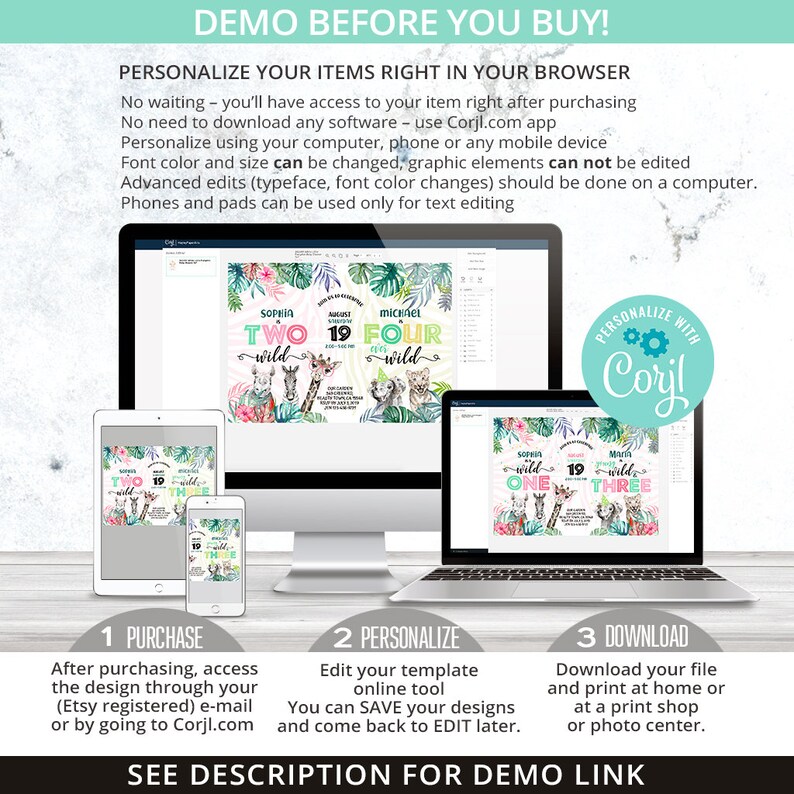 Puede incluir: Una maqueta digital que muestra c&oacute;mo personalizar una invitaci&oacute;n de cumplea&ntilde;os con tem&aacute;tica de selva utilizando el sitio web Corjl.com. La invitaci&oacute;n presenta un esquema de color verde, rosa y blanco con una ilustraci&oacute;n de jirafa, cebra y le&oacute;n. El texto de la invitaci&oacute;n dice "Sophia Two Wild" y "Michael Four Wild".