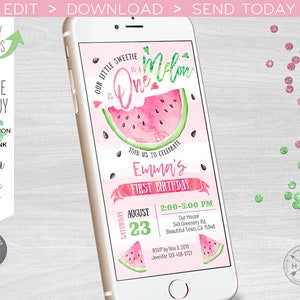 Watermelon one in a melon electronic first birthday invitation smartphone e-vite pink digital invite. Instant download. E050 01 050HPA image 5