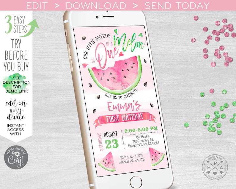 Watermelon one in a melon electronic first birthday invitation smartphone e-vite pink digital invite. Instant download. E050 01 050HPA image 5