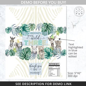 May include: A printable invitation for a child's third birthday party. The invitation features a jungle theme with a zebra, elephant, rhinoceros, and giraffe. The text on the invitation reads "Michael's Young Wild & Three".